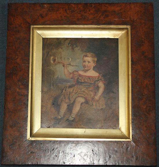 19th century English School Sketch of a boy holding a trumpet, 9 x 7.25in.